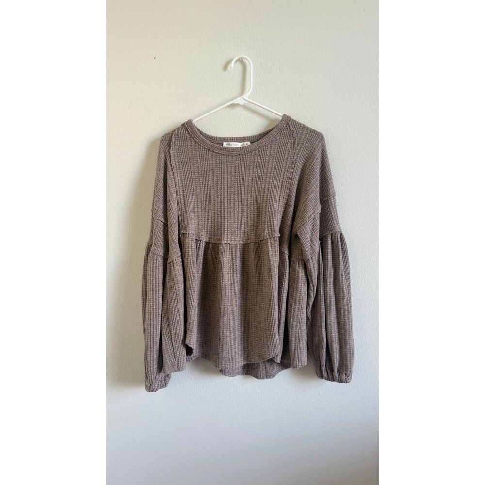 Altar'd State Women's Medium Waffle Knit Babydoll Top Brown Balloon Sleeve Boho